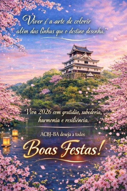 Imagem ilustrativa de um castelo oriental cercado por flores de cerejeira, com paisagem serena ao entardecer e mensagem de Boas Festas desejando um 2026 de gratidão, sabedoria, harmonia e resiliência.