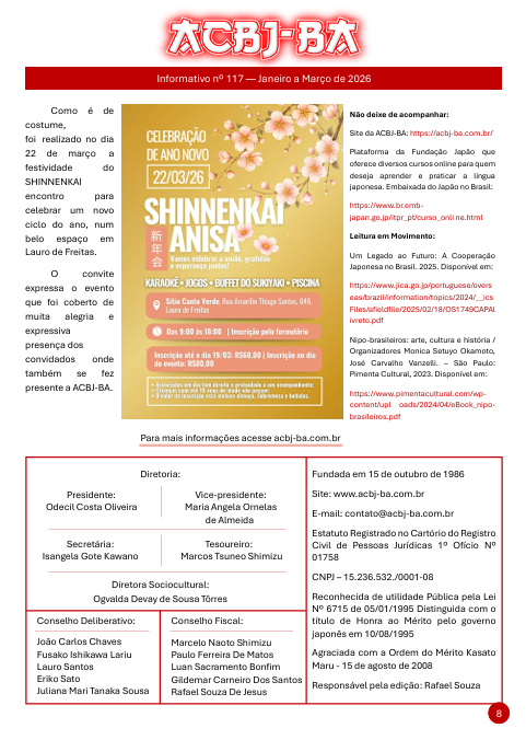 Ilustração da última página do Informativo nº 117 da ACBJ-BA, com convite para a celebração do Shinnenkai e informações institucionais.