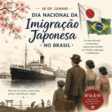 Ilustração com navio Kasato Maru aportando, imigrantes japoneses de costas observando, e bandeiras do Japão e do Brasil ao lado de flores de cerejeira.
